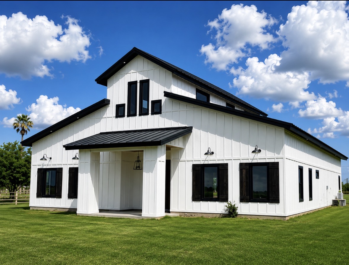 White farmhouse custom home on open acreage — side elevation with landscaped grounds